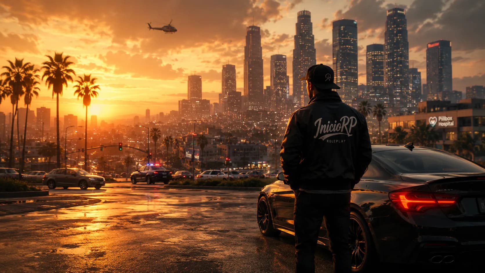 Personaje de InicioRP contemplando una ciudad al atardecer